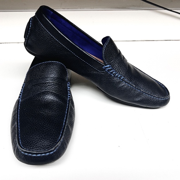 Donald J. Pliner Varran Black Pebbled Leather Loafer/Moc w/ Blue Contrast Stitch - Picture 1 of 13